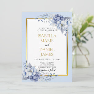 Convite Casamento Floral Dourado e Azul Elegante