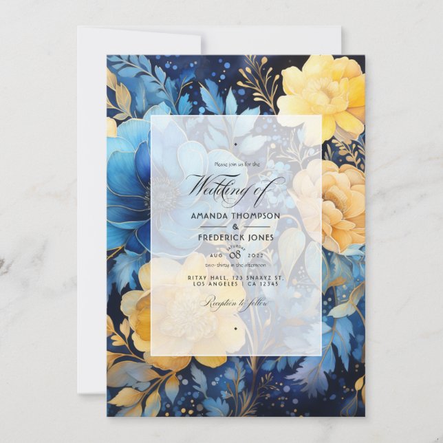 Convite Casamento Floral Dourado e Azul Elemental (Frente)