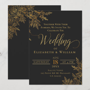 Convite Casamento floral Dourado e negro