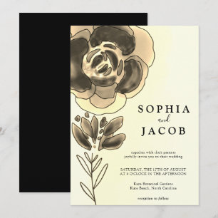 Convite Casamento Floral Dourado e Preto de Aquarela