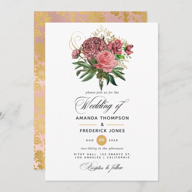 Convite Casamento Floral Dourado e Rosa Esbranquiçado (Frente/Verso)