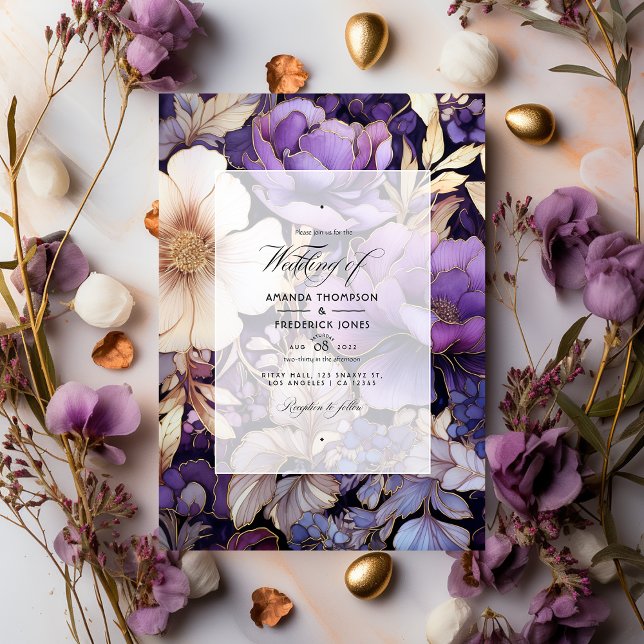 Convite Casamento Floral Dourado e Roxo (Criador carregado)