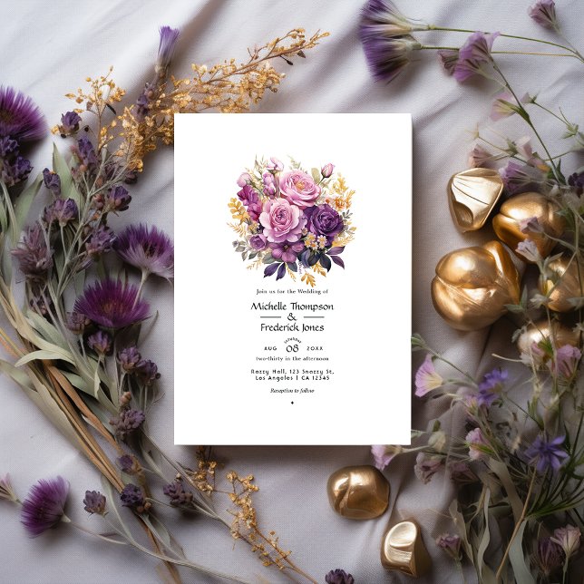 Convite Casamento Floral Dourado e Roxo (Criador carregado)