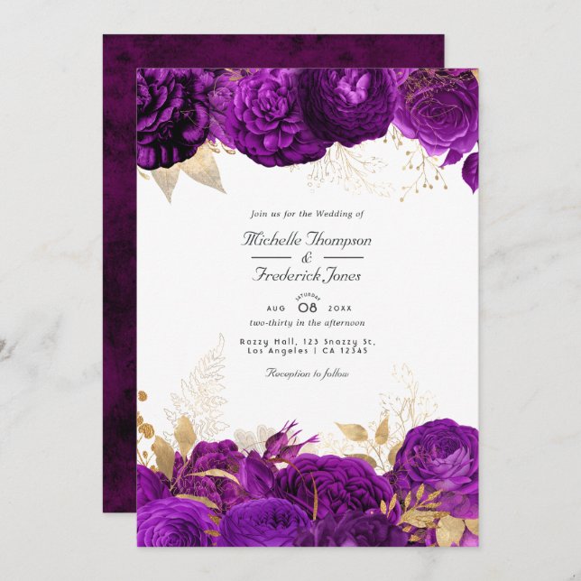 Convite Casamento Floral Dourado e Roxo (Frente/Verso)