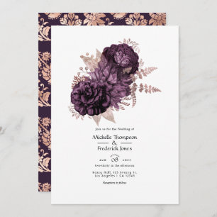 Convite Casamento Floral Dourado e Roxo Escuro