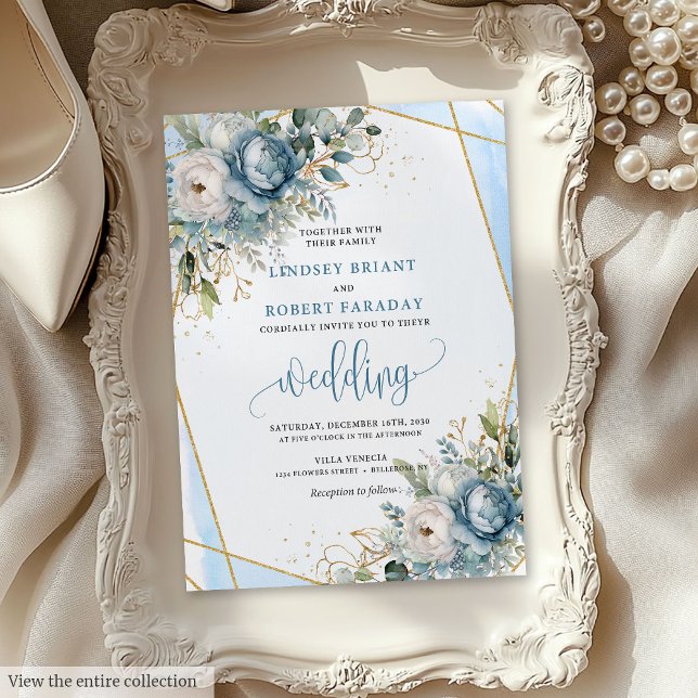 Convite Casamento Floral Dourado e sofisticado, Azul (Sophisticated Dusty Blue Gold Floral Wedding Invite)
