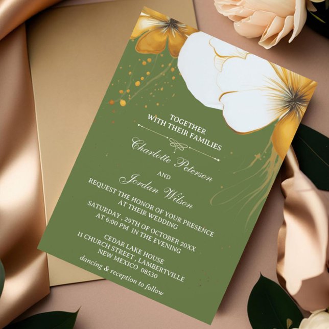 Convite Casamento Floral Dourado e Verde Oleícola (Criador carregado)