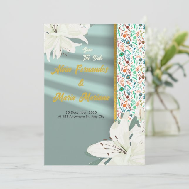 Convite Casamento Floral Dourado Elegante (Em pé/Frente)