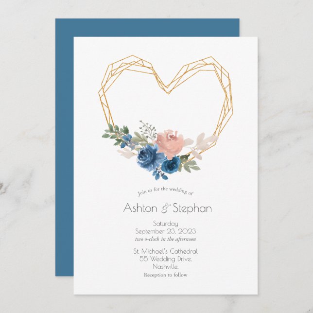 Convite Casamento Floral Dourado Elegante (Frente/Verso)