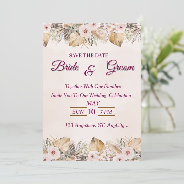 Convite Casamento Floral Dourado Elegante  (Em pé/Frente)