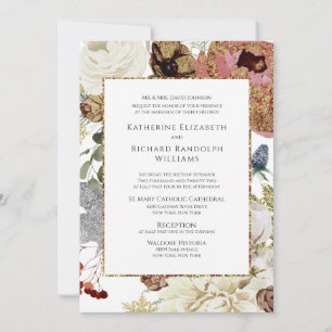 Convite Casamento Floral & Dourado Elegante
