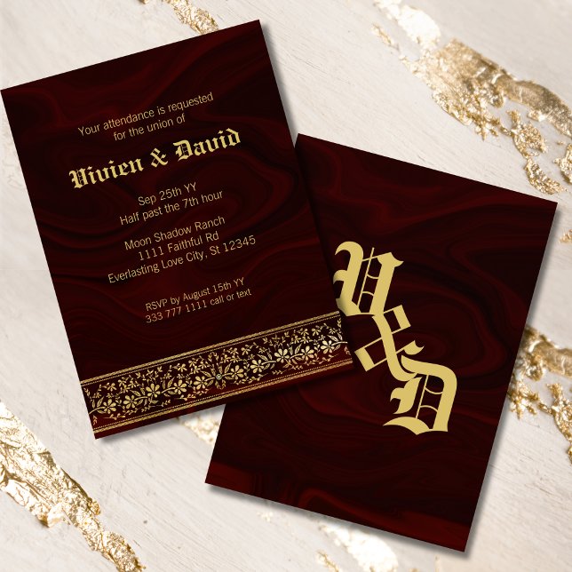 Convite Casamento Floral Dourado Elegante Burgundy (Criador carregado)