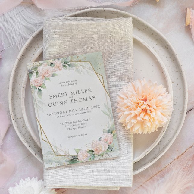 Convite Casamento Floral Dourado Elegante Greenery (Criador carregado)