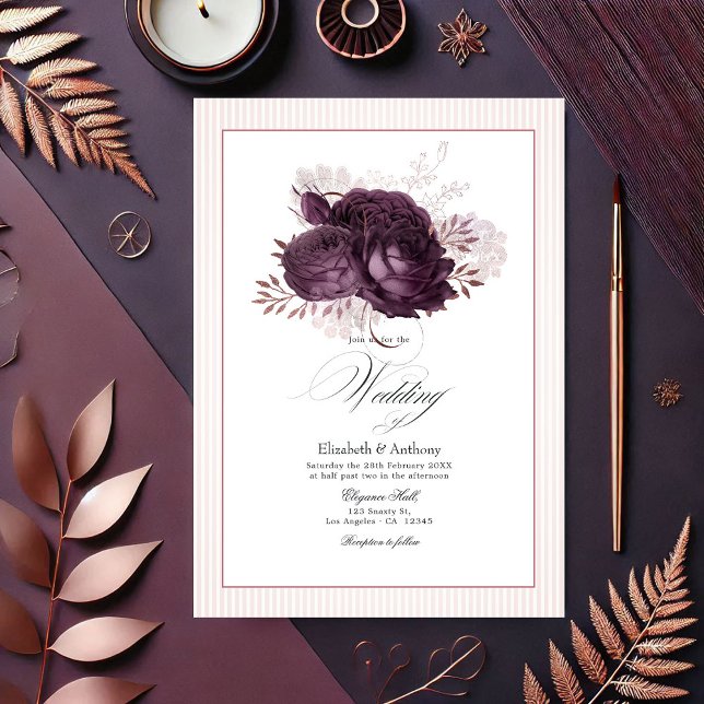 Convite Casamento Floral Dourado Elegante Roxo Escuro e Ro (Elegant Dark Purple and Rose Gold Floral Wedding Invitation)