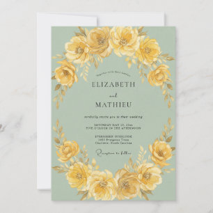 Convite Casamento Floral Dourado em Verde Salvia