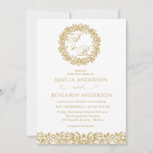 Convite Casamento Floral Dourado Francês Vintage Elegante