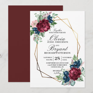 Convite Casamento Floral Dourado Geo Marinho Burgundy