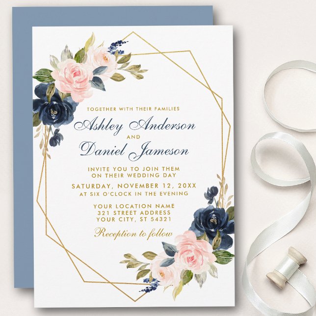 Convite Casamento Floral Dourado Geométrico Azul Cor-de-Ro (Customize to change text color, text style or color of back of card.)