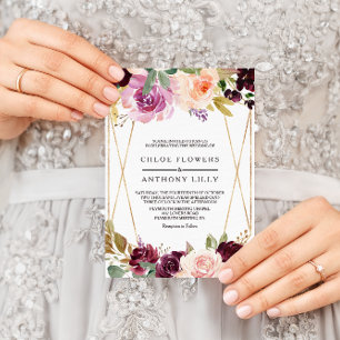 Convite Casamento Floral Dourado Geométrico Blush Burgundy