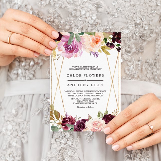 Convite Casamento Floral Dourado Geométrico Blush Burgundy (Criador carregado)