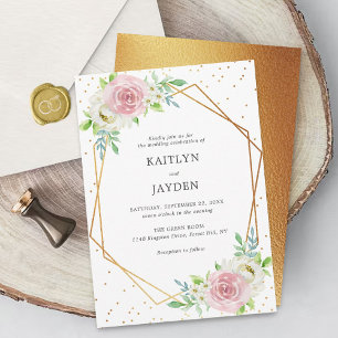 Convite Casamento Floral Dourado Geométrico Chic