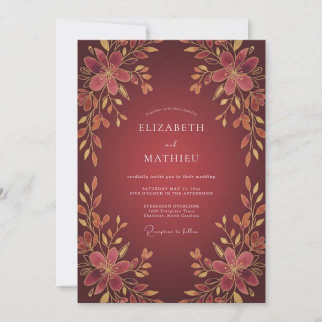 Convite Casamento Floral Dourado Grená (Frente)