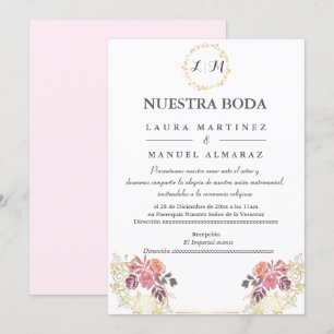 Convite Casamento Floral Dourado Lavenderblush Espanhol