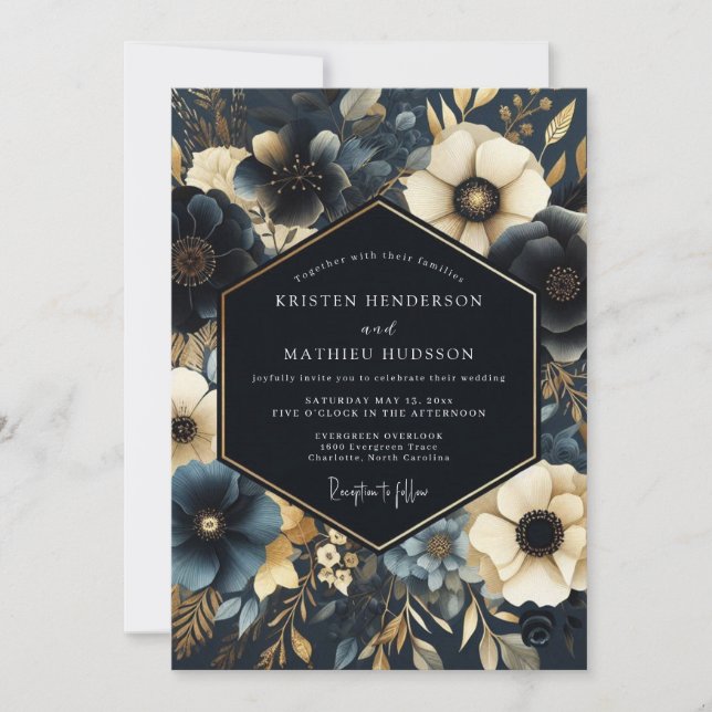 Convite Casamento Floral Dourado Marinho (Frente)