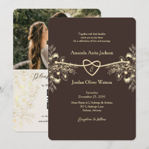 Convite Casamento Floral Dourado Marrom Chocolate Outono I