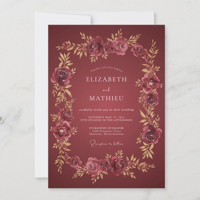 Convite Casamento Floral Dourado Marrom Escuro (Frente)