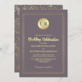 Convite Casamento Floral Dourado Mocha Escuro