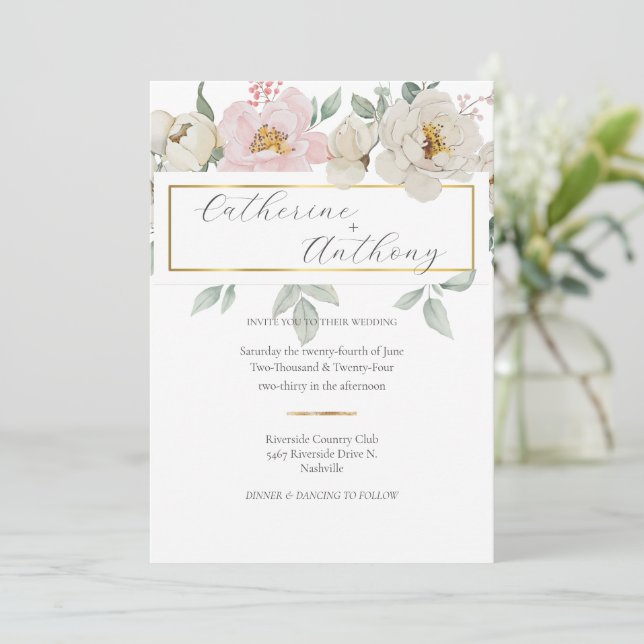 Convite Casamento Floral Dourado Moderno (Em pé/Frente)