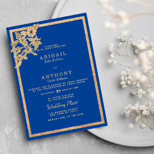 Convite Casamento Floral Dourado Na moda Royal Blue