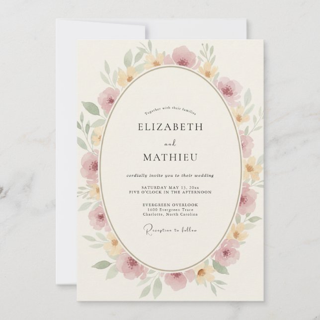 Convite Casamento Floral Dourado Pálido Rubor (Frente)