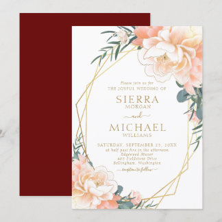 Convite Casamento Floral Dourado Peach Burgundy