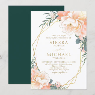 Convite Casamento Floral Dourado Peach Emerald Green