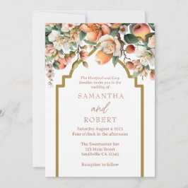 Convite Casamento Floral Dourado Peach Watercolor