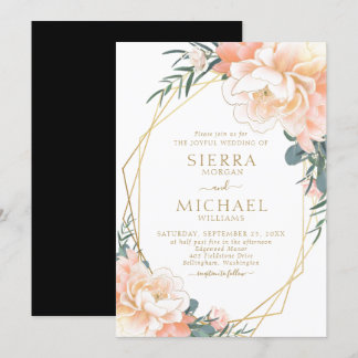 Convite Casamento Floral Dourado Pessegueiro Negro Pêssego