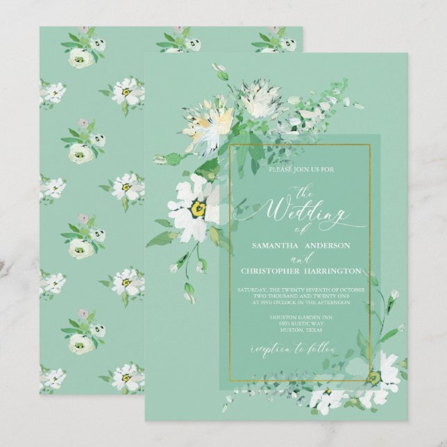 Convite Casamento Floral Dourado Pintado por Neo Mint Gree (Frente/Verso)