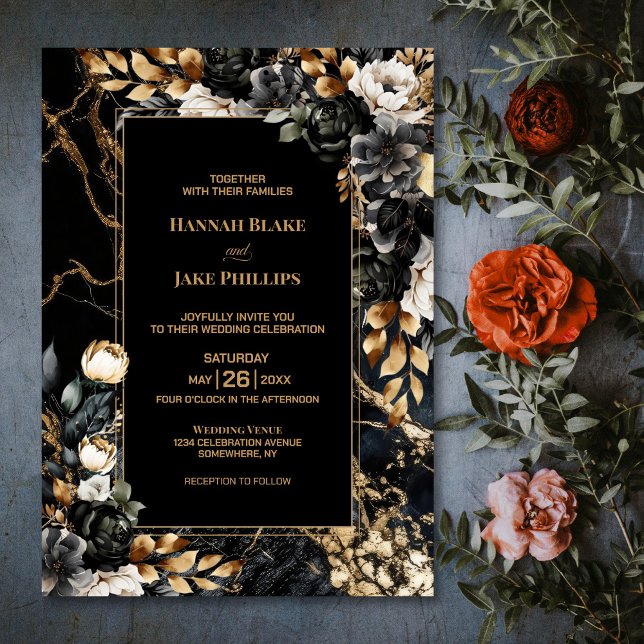 Convite Casamento Floral Dourado Preto (Criador carregado)