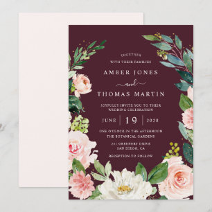 Convite Casamento Floral Dourado Rosa Borgonha Aquarela