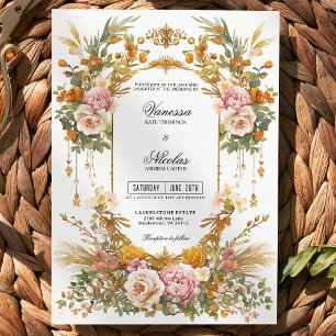 Convite Casamento Floral Dourado Rosa Choque em Mansão de