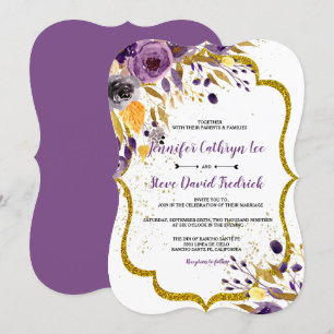 Convite Casamento Floral Dourado Roxo Ametist Watercolor