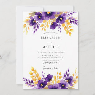 Convite Casamento Floral Dourado Roxo Polido