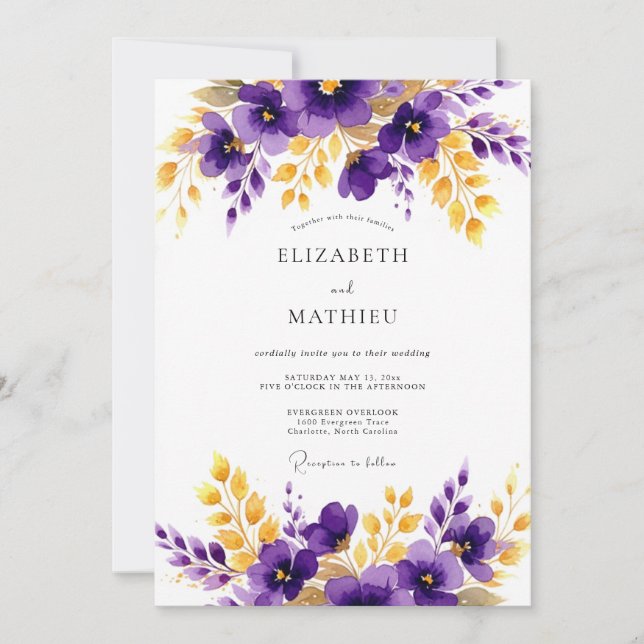 Convite Casamento Floral Dourado Roxo Polido (Frente)