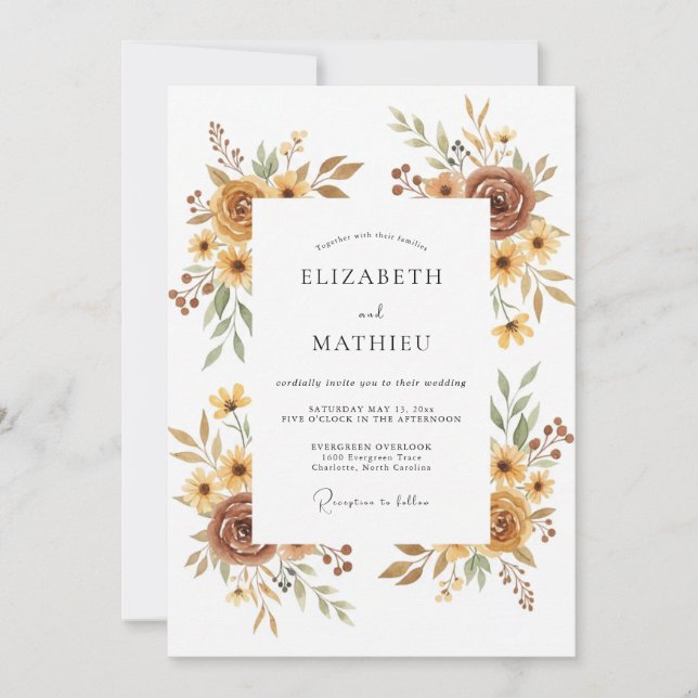 Convite Casamento Floral Dourado Silenciado (Frente)