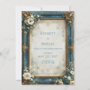 Convite Casamento Floral Dourado Turquesa