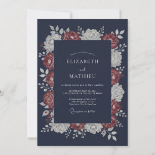 Convite Casamento Floral Dramático Azul Marinho
