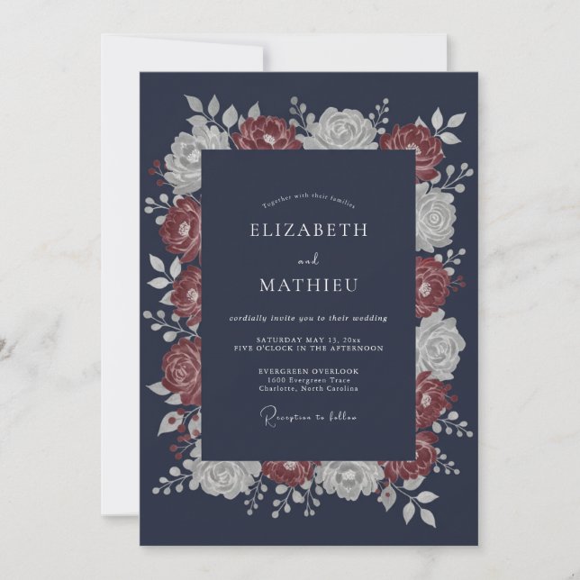 Convite Casamento Floral Dramático Azul Marinho (Frente)