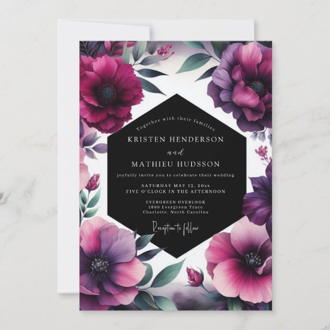 Convite Casamento Floral Dramático de Ámbar (Frente)